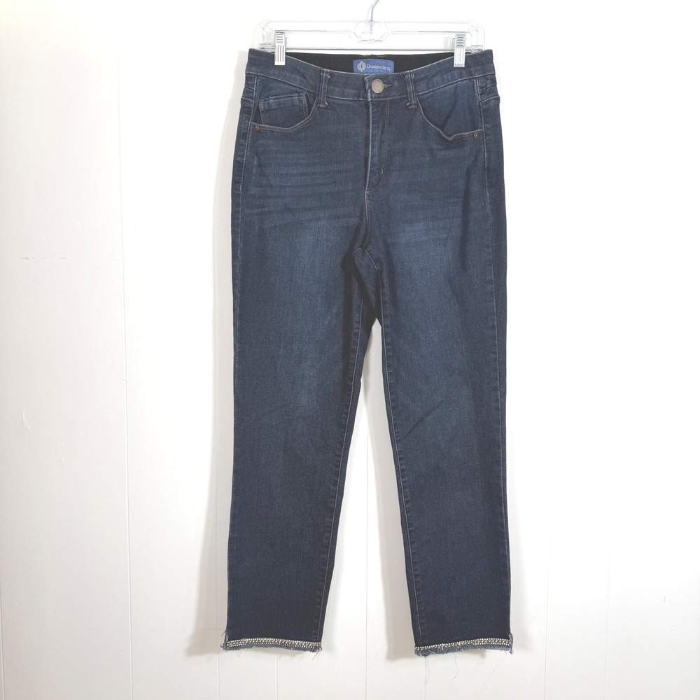 Democracy Ab solution Straight Leg Ankle Jeans Dark Wash Embellished Raw Hem 8